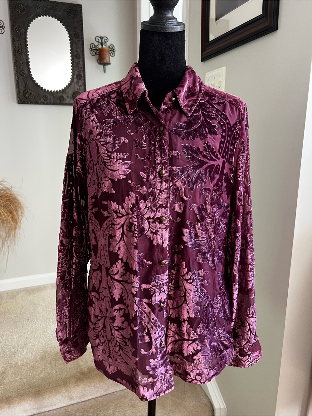 Soft Surroundings Burgundy Damask Burnout Velvet Blouse Small
